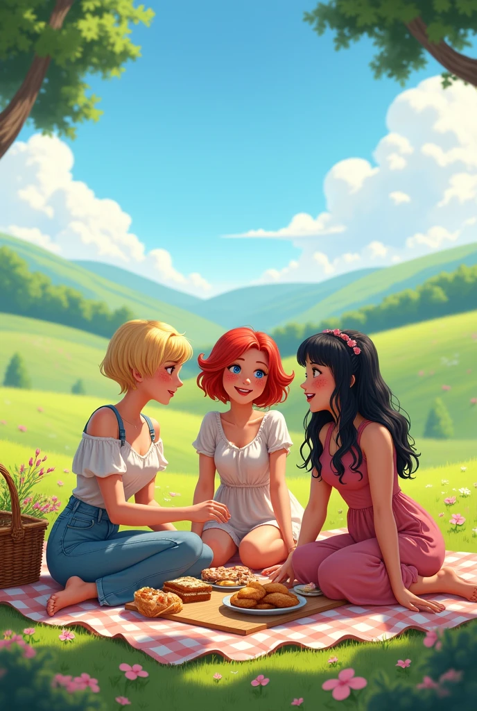 3 friends on a picnic, one blonde with short hair and French style, a redhead with freckles and curly long hair and a chubby goth girl
