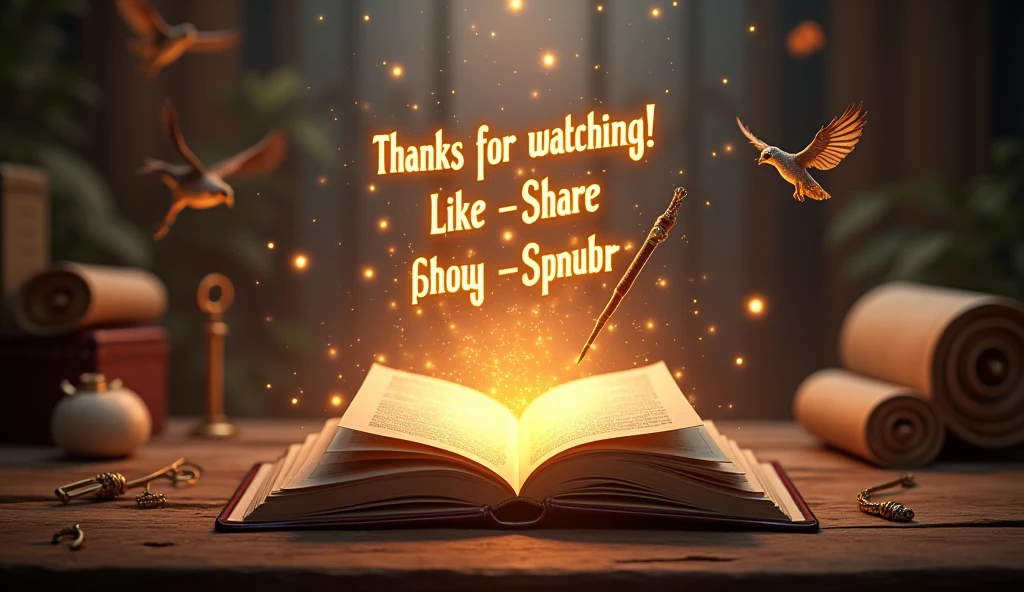 "Design an engaging and magical scene that captures the spirit of the Harry Potter universe. The image features an open spellbook on a wooden table, with a wand casting a glowing spell above it. The words ‘Thanks for Watching!’ appear in sparkling letters above the book, as magical creatures (like owls and flying keys) fly around. Below, on parchment scrolls, the words ‘Like,’ ‘Share,’ and ‘Subscribe’ are written in elegant, enchanted script, each word animated with a soft glow. The overall feel should be warm, inviting, and filled with a sense of wonder, encouraging viewers to take action