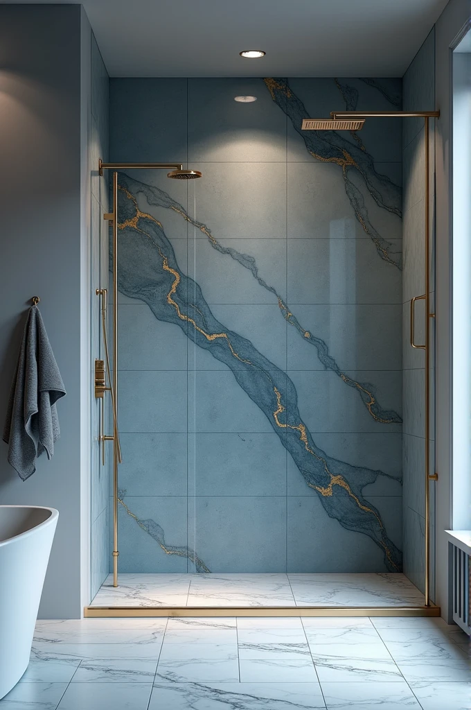 Create an image of a bathroom with a gray floor and walls and inside the shower the walls have a blue and gold marble effect.