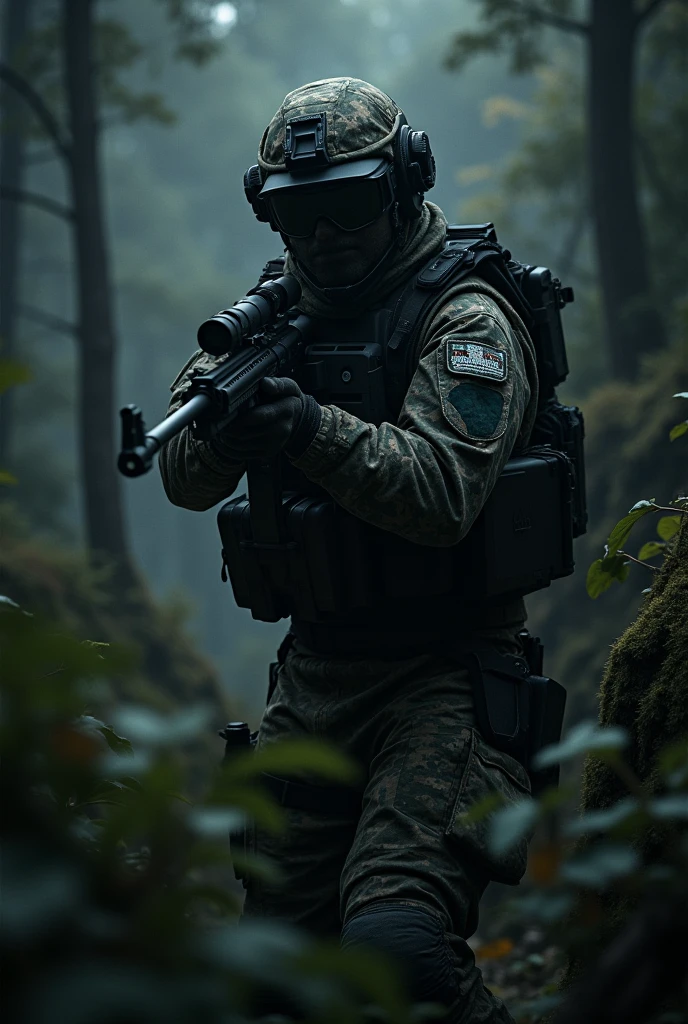 New material sniper camouflaged and wearing military gear hiding in a real dark location with realistic full body style.