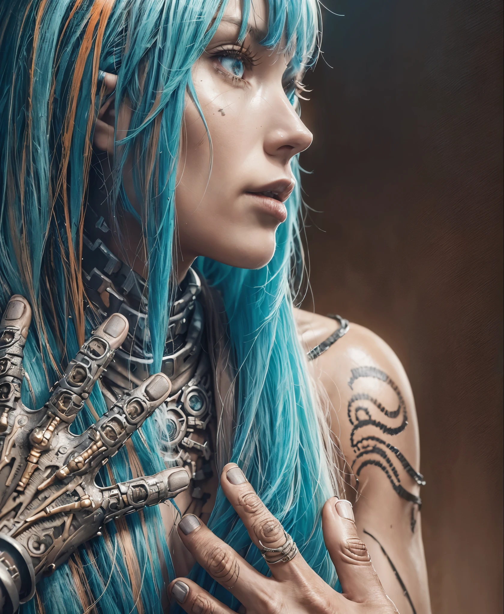 A highly detailed and realistic skull girl,( Anya. Taylor Joy) cyberpunk character, mad max furiosa, one hand robot, cyborg arm, orange hair, dramatic metal heavy rock theme, best quality, 8k, hyperrealistic, photorealistic, extreme detailed painting, studio lighting, vivid colors, dark moody atmosphere, cinematic, dramatic pose, intricate mechanical details, glowing energy effects, intense gritty textures, seamless integration of organic and inorganic elements. Wearing the used clothes of a wastelander. Background: An apocalyptic wasteland. Dusty and depressing.