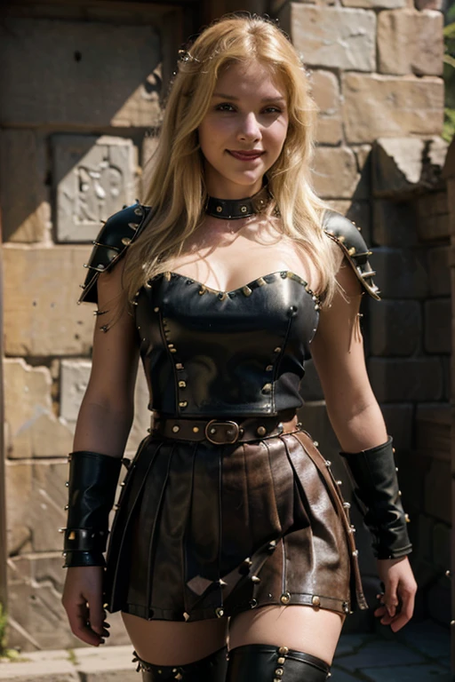 8k, masterpiece, best quality, realistic, higly detailed, full body, 1female, solo, dnd, d&d, dungeons and dragons, dungeons & dragons, rpg, bard, very beautiful smiling walking girl, blonde hair, blu eyes, studded heavy leather  armor bodice, , leather medium skirt, foil to the side, high boots