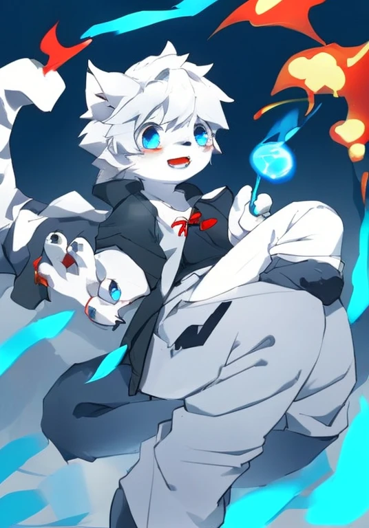 White male cat,Handsome,White hair,blue eyes,White trousers,Black shirt,Left hand red magic,Right hand blue magic