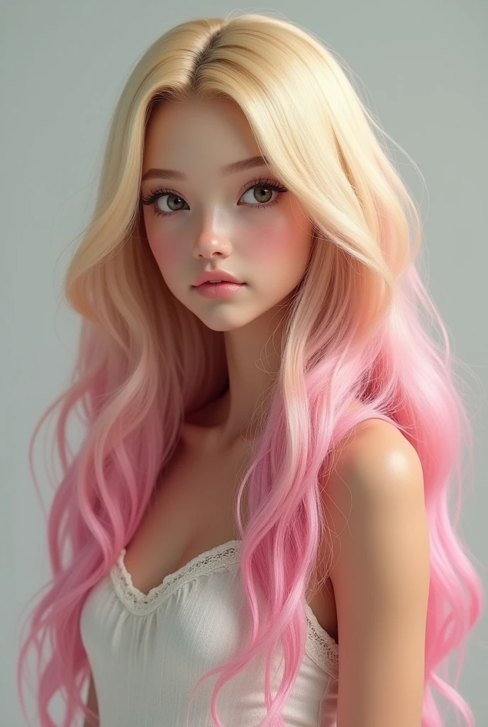 Realistic adult girl Have long blond pink hair