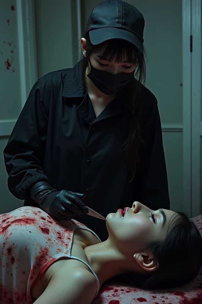 korean girl, (behind stiff, holding knife), stabbing, black surgical mask, black gloves, torture chamber, black raincoat, trucker hat, holding knife, black gloves,, dark room, night, by the window, woman on top, behind cadaver, blood splatter, on the bed, looking at viewer, mass murderer, killer, low ponytail, blood splatter
