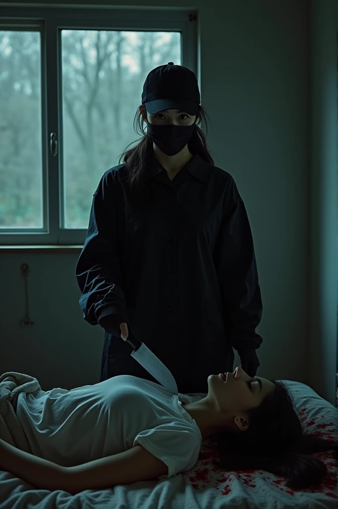 korean girl, (behind stiff, holding knife), stabbing, black surgical mask, black gloves, torture chamber, black raincoat, trucker hat, holding knife, black gloves,, dark room, night, by the window, woman on top, behind cadaver, blood splatter, on the bed, looking at viewer, mass murderer, killer, low ponytail, blood splatter
