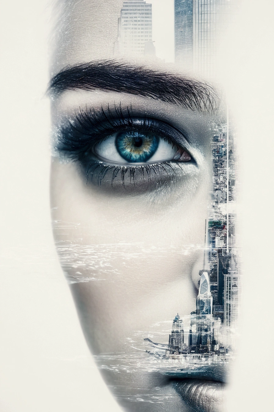 HDR Ultra precise 8K digital copy of there is a woman's eye with a city in the background, double exposure portrait, futuristic woman portrait, detailed face of a woman, eye of a woman, close up portrait photo, double-exposure, double - exposure, double exposure effect, focus close on dreaming eyes, by Adam Marczyński, double exposure, face partially obscured