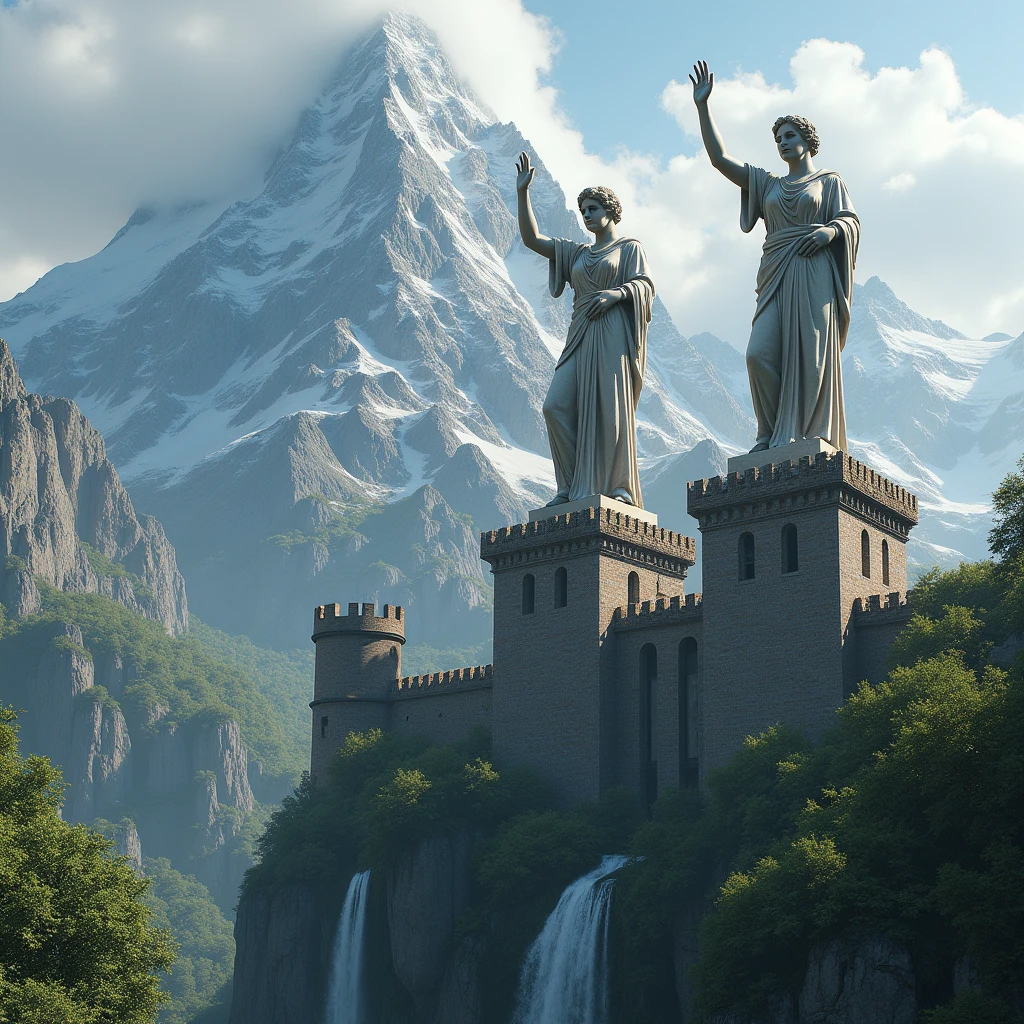 Make me an ultra realistic image. Make a medieval fortress attached to a mountain. There are two statues of a woman from ancient Greece, with hands raised to the sky.