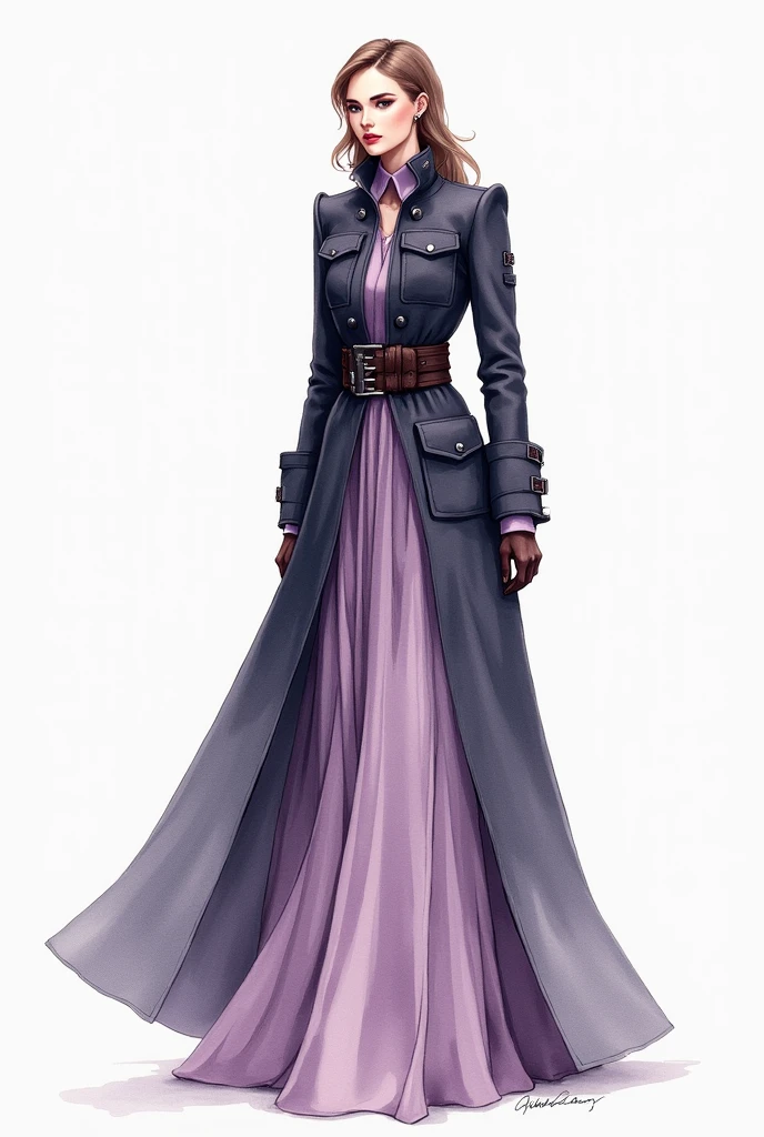 Fashion illustration female figure long flowy skirt dress with long jacket with belts and pockets  rendered with water colors in dark shade jacket and light lalic coat
