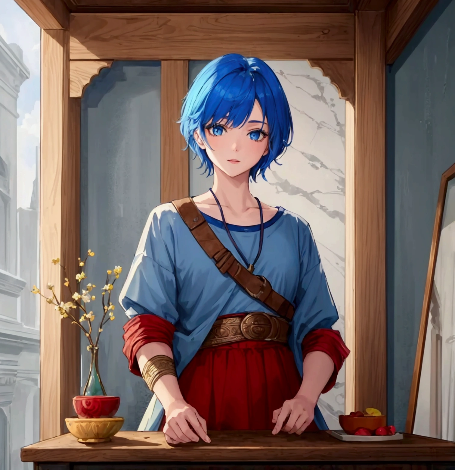 ((masterpiece, Highest quality, Super Definition, High resolution)),tall,shortage々Good personality,Blue Hair,Short Hair,Blue Eyes,God of War