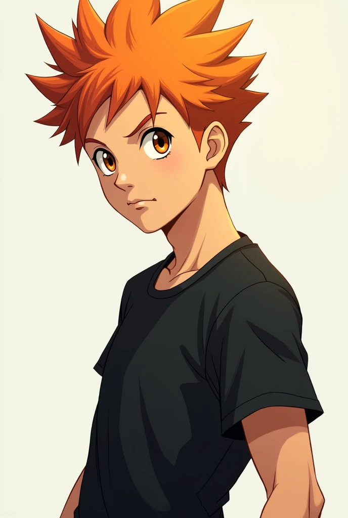 Create male character with short hair, short orange, black shirt, Naruto style, Caucasian skin, eyes browns , perfil, anime style image