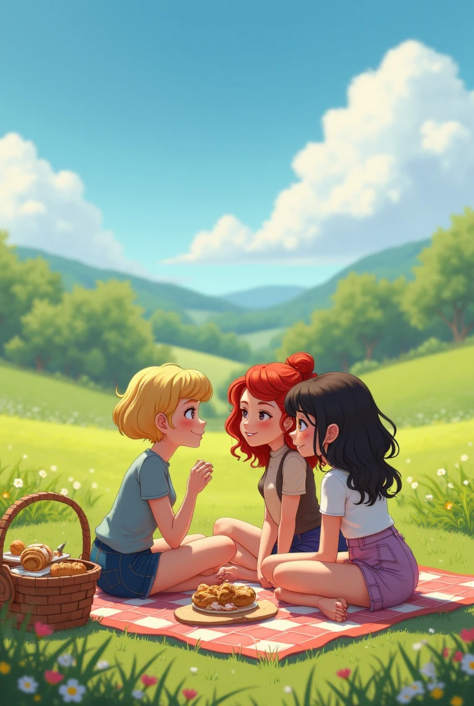 3 friends on a picnic, one blonde with short hair and French style, a redhead with freckles and curly long hair and a chubby goth girl

