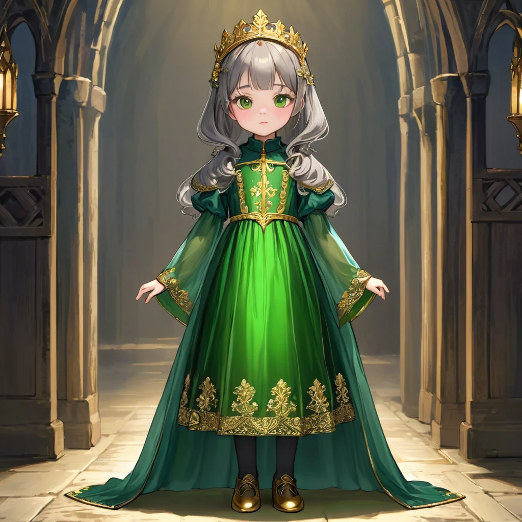 8 year old medieval girl, Gold embroidery、Green translucent long one-piece dress, gray translucent tights, realistic fabric, highest quality