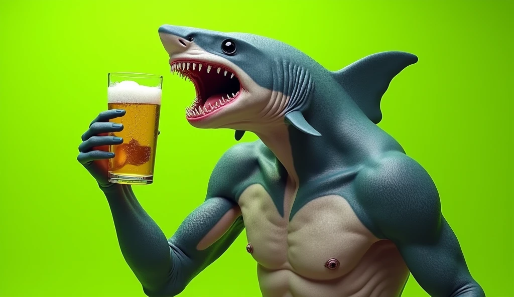 create a photorealistic image of a hybrid creature of man and shark with a glass of beer in his hand on a lime green background