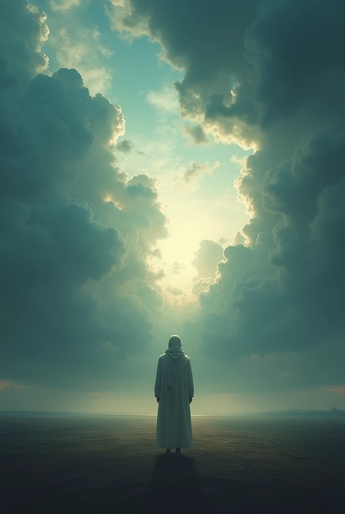 A contrast of a stormy sky turning clear, with a person standing in the middle, portraying trust in Allah through life's challenges.