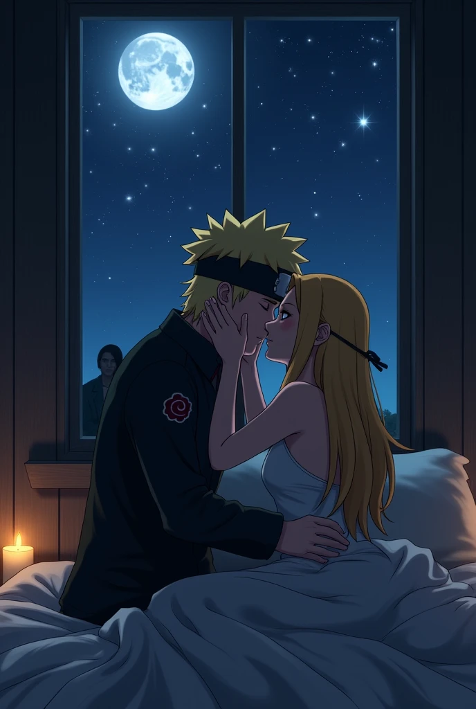 Naruto kissing nami on bed at night time and sanji watvhing them from window