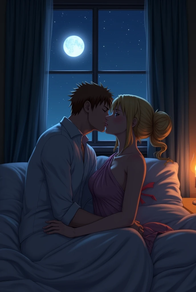 Naruto kissing nami on bed at night time and sanji watvhing them from window