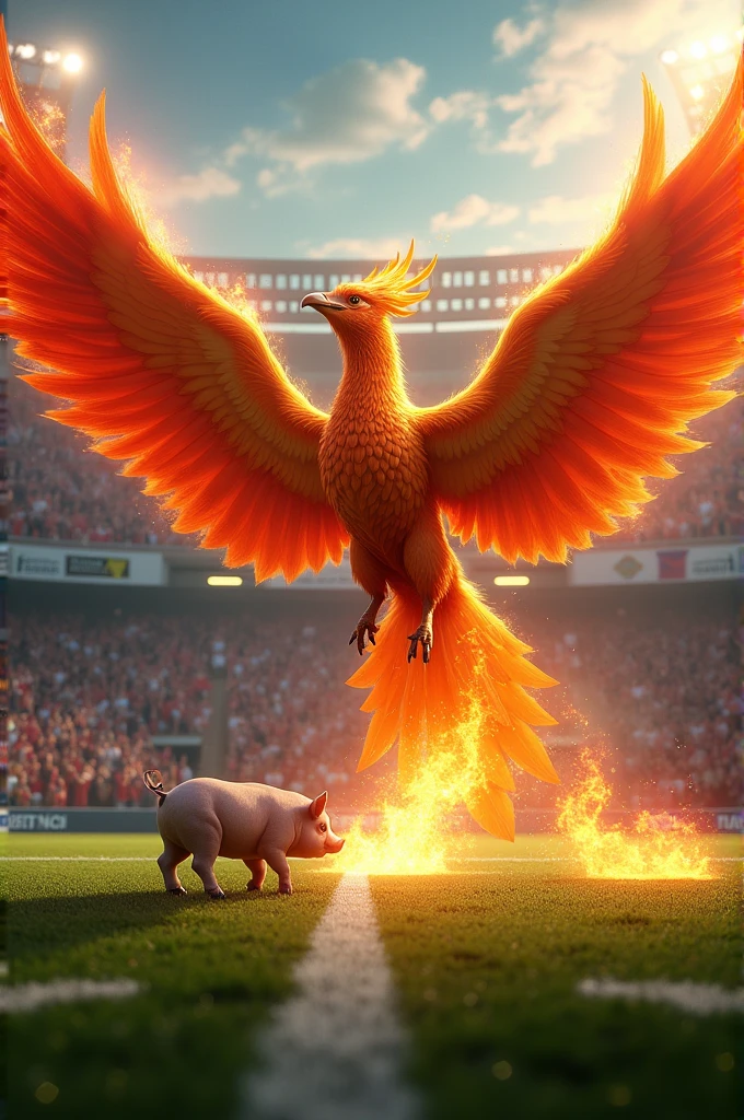 A phoenix bird breathing fire at a pig in a football stadium