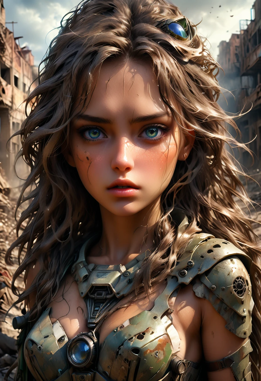 (((ultra realistic))) Photo, masterpiece, top quality, (sun tanned skin), (Ultra detailed face and eyes:1.3), 1 woman, A highly detailed photorealistic image, beautiful woman in the post-apocalyptic setting, torn dress, searching for love, detailed face, delicate features, big expressive eyes, lush flowing hair, dramatic lighting, highly detailed, cinematic, photorealistic, 8k, intricate, masterpiece, ruined_cityscape, distant_character, wasteland