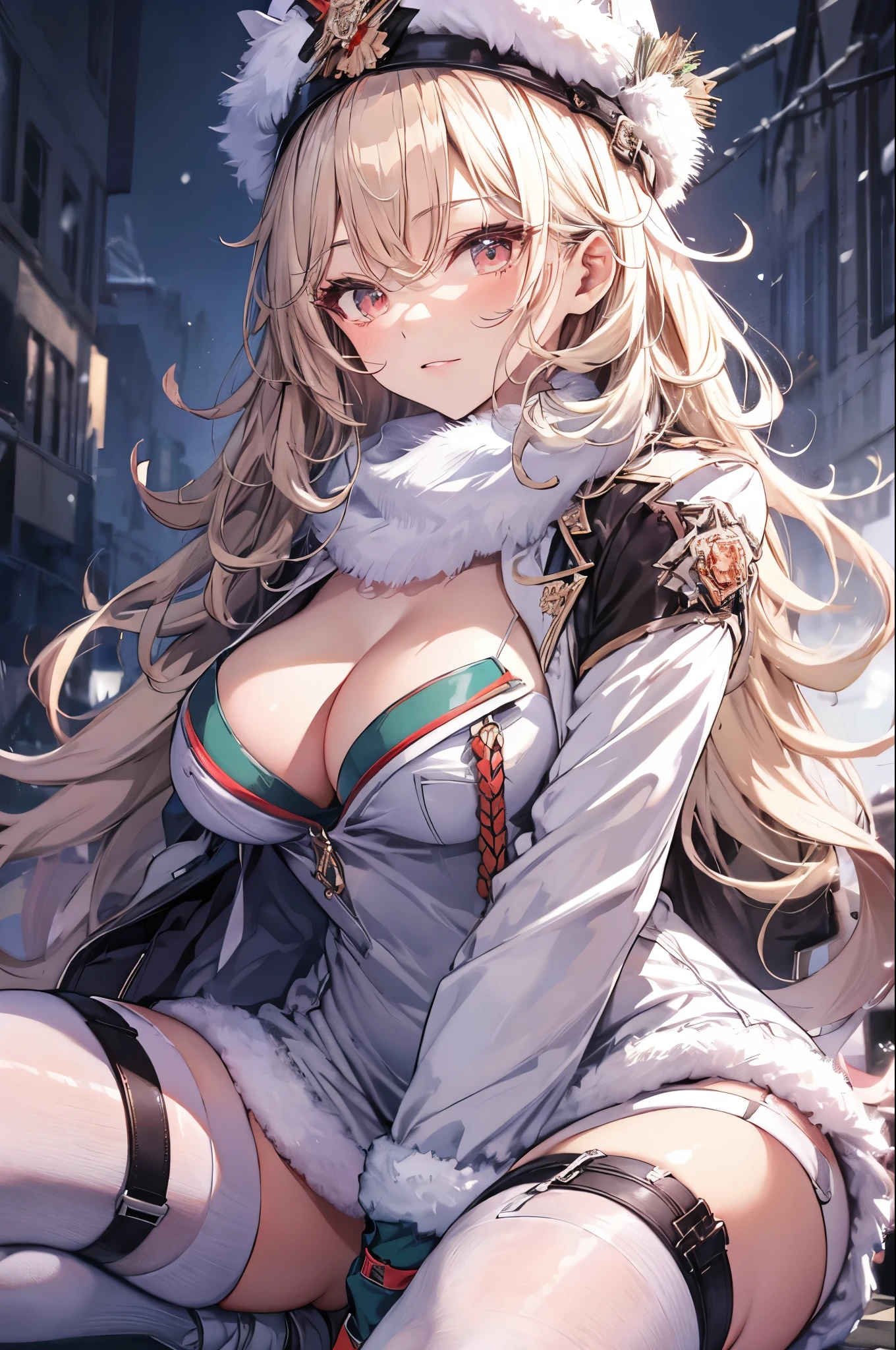 (Snowfield),ludmilla, fur hat, ushanka, scarf, white jacket, fur trim, cleavage, white gloves, dress, garter straps, white thighhighs, aiguillette,squatting,open legs,white panty,masterpiece,Noise Reduction,perfect anatomy,high resolution, ultra-detailed, ultra-detailed face,game cg,dutch angle ,beautiful detailed eyes,visualart,five fingers, perfect hands, perfect lighting, sparkling pupils,