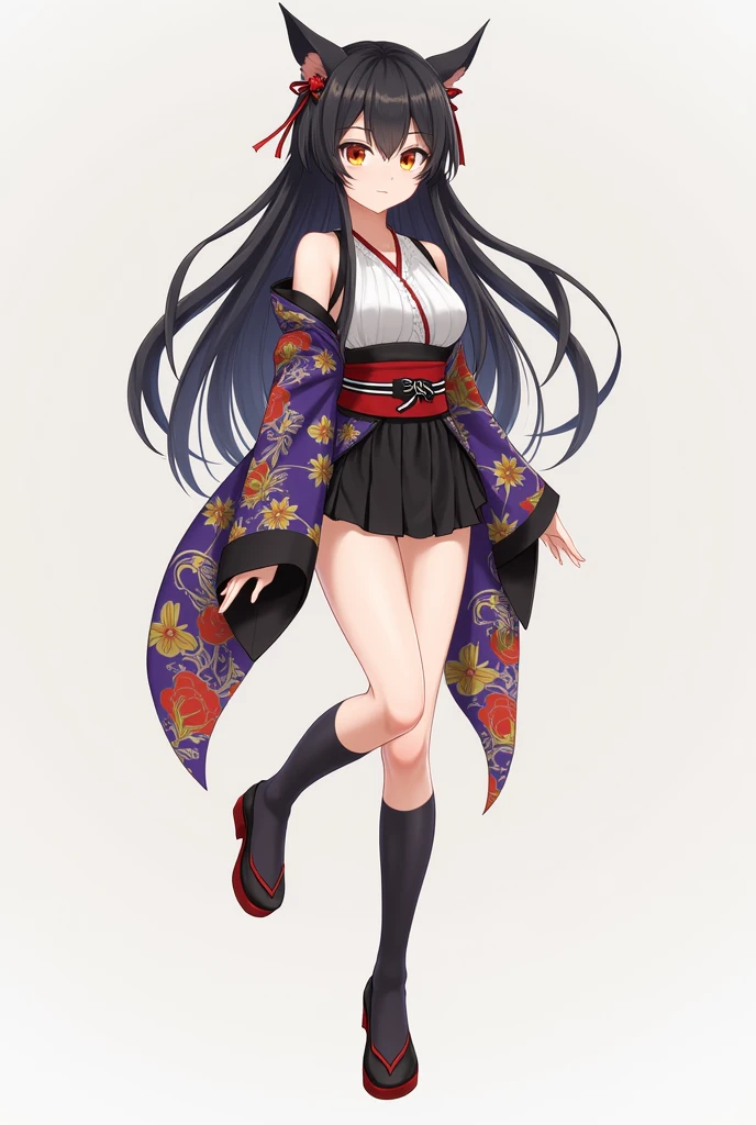 Micotte、ff141 people, chest, Long Hair, Black Hair, Red eyes, Golden Eyes, Odd Eye、Anatomically correct, mini skirt、Knee-high socks、kimono、off-the-shoulderhigh-resolution, Anatomically correct, High-resolution model,