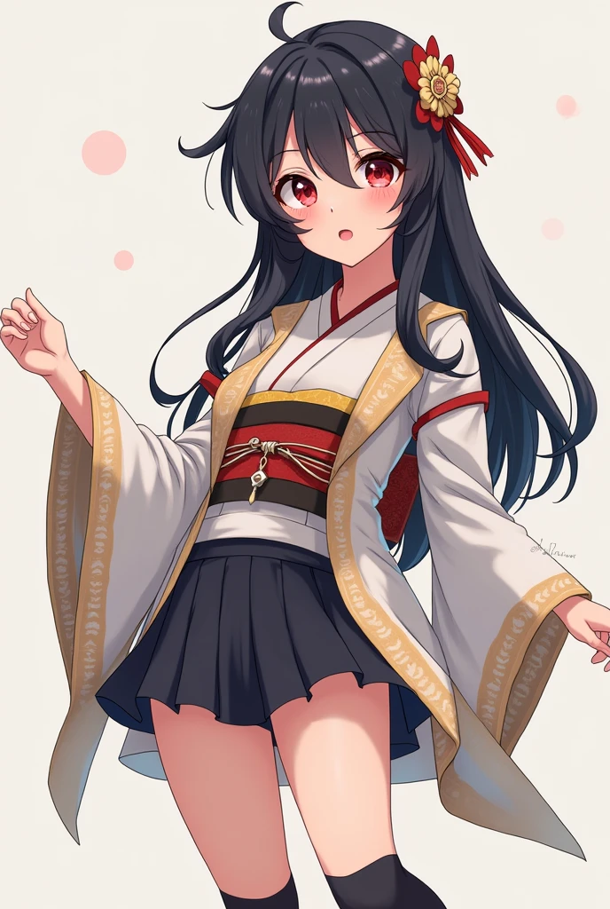 Micotte、ff141 people, chest, Long Hair, Black Hair, Red eyes, Golden Eyes, Odd Eye、Anatomically correct, mini skirt、Knee-high socks、kimono、off-the-shoulderhigh-resolution, Anatomically correct, High-resolution model,
