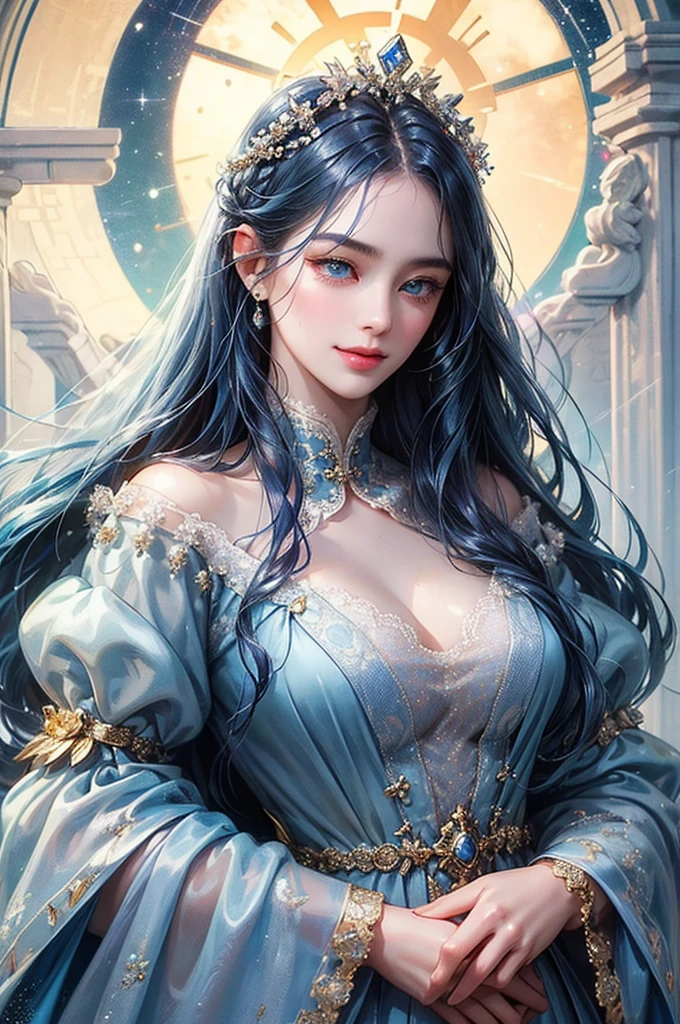 ((Highest quality)), ((masterpiece)), (detailed), ((Perfect Face)), ((Half Body)),, Colorful costumes, detailed scenery background , Highest quality, Realistic, photoRealistic, 非常にdetailed, Extremely detailed engraving "Southern Ice" porcelain,Ultra Wide Angle,Accent lighting,Volumetric lighting,Backlight, (detailedな光),((Very delicate and beautiful)),dramatic_Shadow,Ray_vestige,High resolution, Particles of light, Soft lighting, Volumetric lighting, 複雑なdetailed, detailedに, Deep blue eyes, Long eyelashes, Thick eyelashes, One person, One personで, Lapis Lazuli Hair, Blue Hair,Long Hair,View your viewers, Glamorous Dress, backless dress, Puff sleeves, Juliet Sleeve,Wang He,Queen,Starry sky background,Greek Mythology,smile,Star-studded,Ruler of all things,Beautiful Goddess,hair ornaments,impressive目,Strong Will,impressive,A woman praying to God,Iconic illustrations,