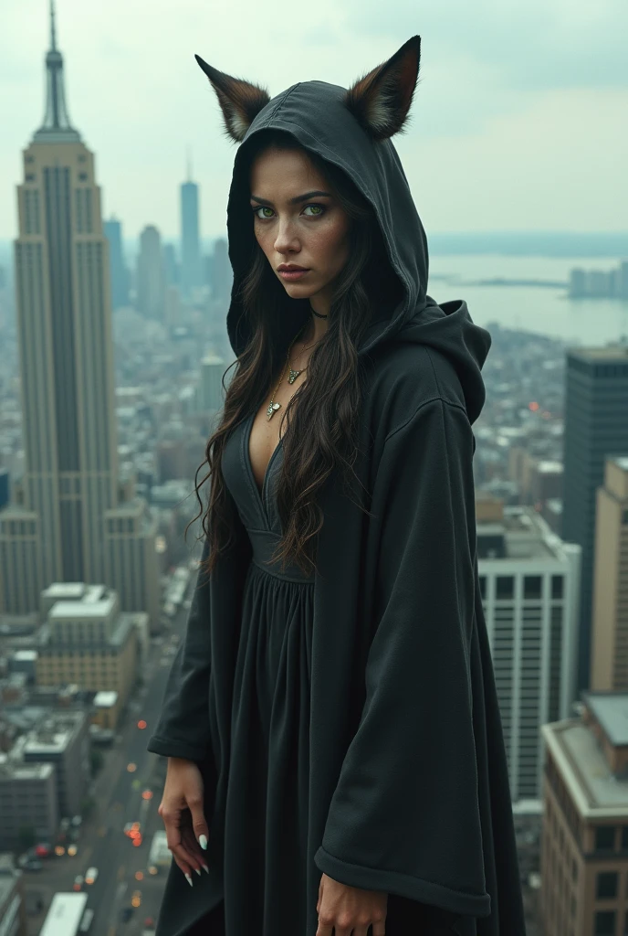 Wild woman with wolf ears, in a simple hippie knee-length dress,  wearing a black hooded robe.  She has greenish-yellow eyes and sharp claws.. Standing looking at the city from the top of the building 
