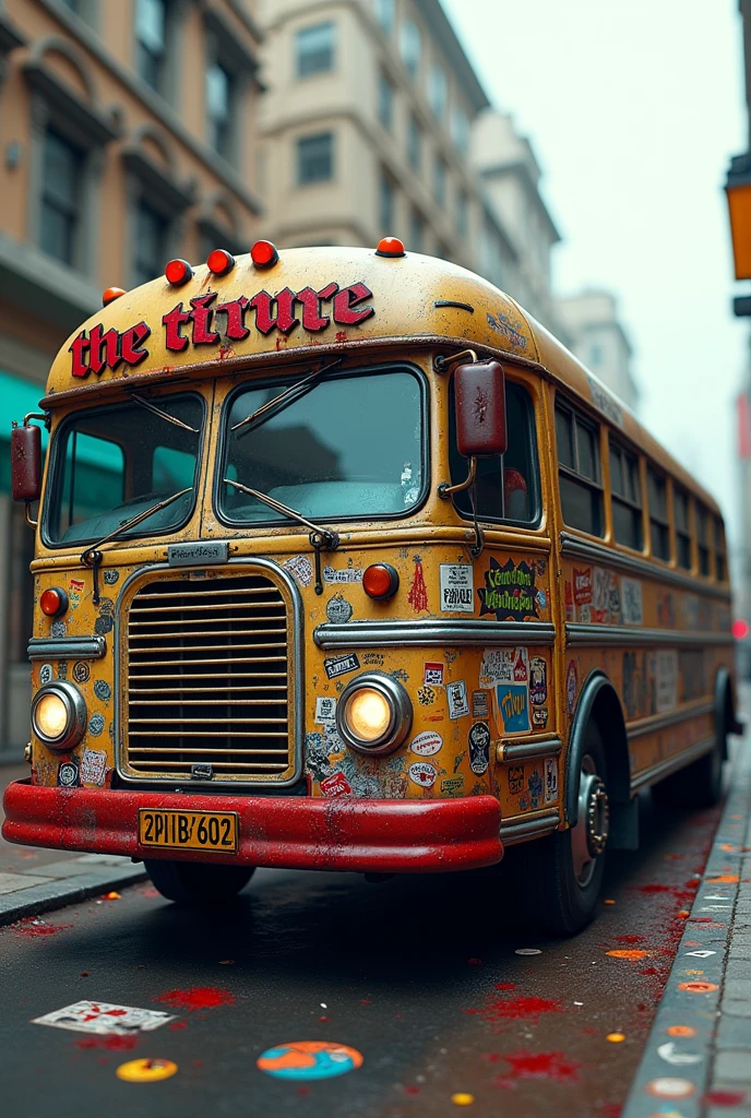 I want a bus photo with front side and side. The name of the bus is "the boys" the boys letter should be in bloody font. The side should be full of colourful stickers 