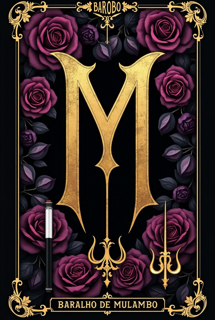 Create a logo that represents a tarot deck, incorporating the following elements:
1. **Colors and Style:** Use dark purple roses as a background, bringing a sense of mystery and sophistication. The image should evoke an ancient and almost macabre aesthetic..
2. **Core Text:** in the middle of the image, insert the initial two letters “M” in a fancy font, appearing to have been written with a pen, in golden color.
3. **Border Text:** On the edge of the image, write “baralho de mulambo” in gold, complementing the theme.
4. **Additional Elements:** Under the roses, include a golden broom, a black cigarette and a pombogira trident. These elements should be arranged harmoniously to create a cohesive look..
5. **Final details:** Add gold leaf accents and black accents all around, enriching the image and giving it depth.