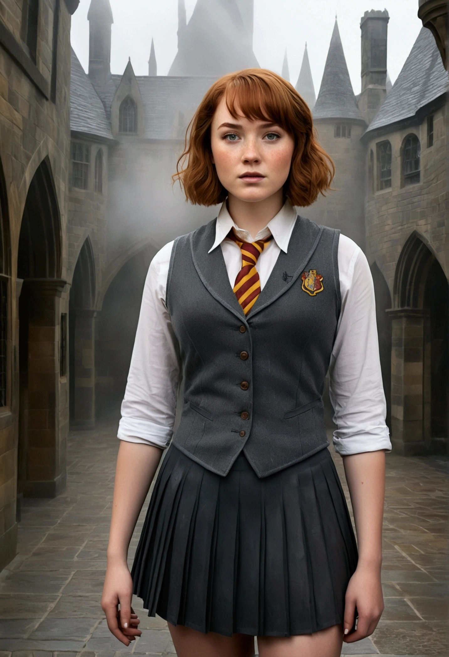 An illustrated movie poster, hand-drawn, full color, a female Hogwarts student, 1, wearing a charcoal vest and a pleated skirt, toned, amazonian stature, athletic hourglass figure, full wide hips, massive round butt, long shapely legs, ridiculously thick powerful thighs, light hazel eyes, deep dark auburn hair, short curly bob cut, flushed sun-kissed complexion, freckles, resembles Genevieve O'Reilly, standing in a foggy Hogwarts courtyard, surrounded by mist, graphite shading, stencil marks, airbrushed acrylic paint, masterpiece, in the Deathly Hallows 