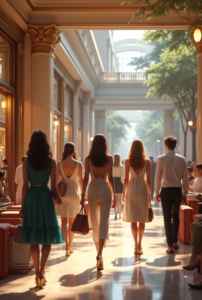 Create an image of an upscale shopping mall, showcasing wealthy and elegant individuals displaying their status. Depict a luxurious environment with high-end stores, opulent décor, and sophisticated furnishings. Show people dressed in designer clothing and accessories, engaging in activities like shopping with exclusive bags, socializing in stylish lounges, and interacting with attentive staff. Use refined colors, elegant lighting, and detailed background elements to emphasize the affluence and exclusivity of the setting, capturing the essence of high social status and luxury.















