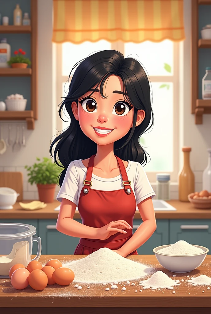 A cartoon of me, with fair skin and black hair, standing in front of a kitchen counter filled with baking ingredients. You could be surrounded by flour, eggs, and sugar.
"Behind the Apron" in a bold font.