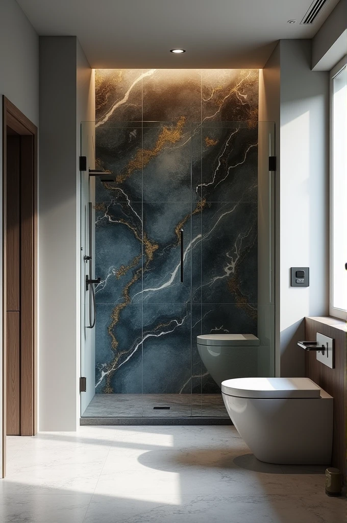 Create an image of a bathroom with a gray floor and walls and inside the shower the walls have a blue, black and gold marble effect.