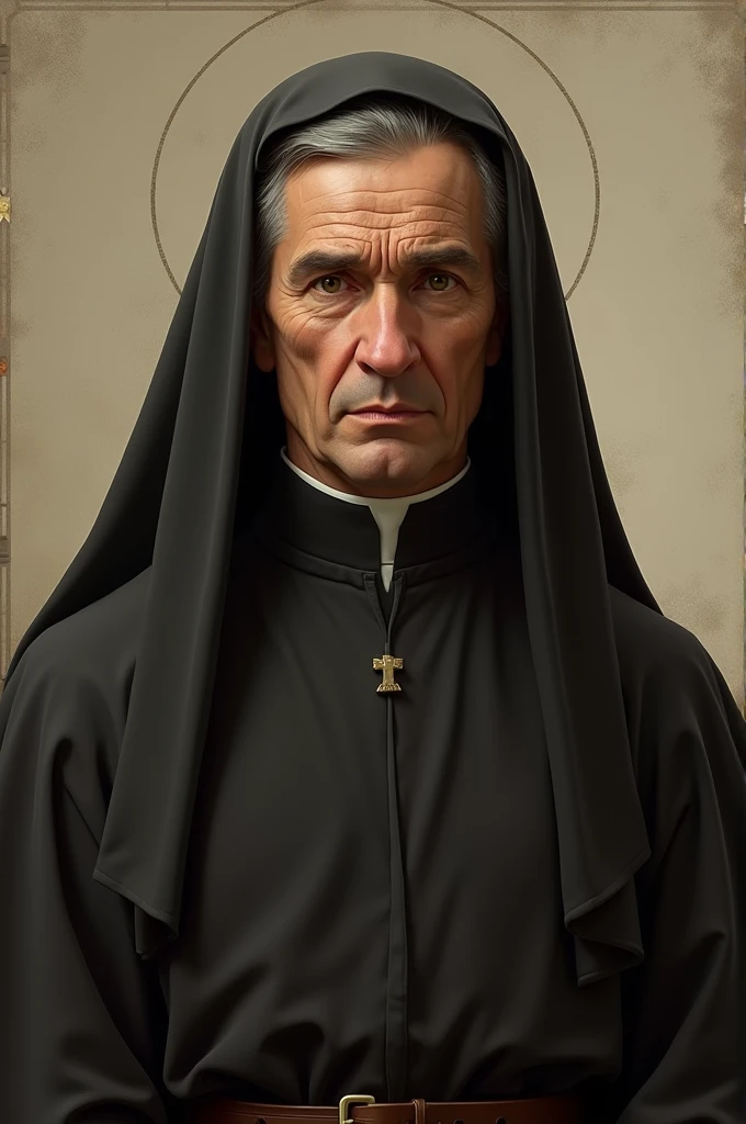 Make the image of Saint Rita Durão, he was a stern looking man, wearing the typical habit of the Augustinians, which includes a long, simple tunic, usually dark in color.