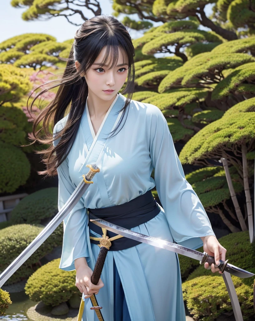 Highest quality, 32K, High resolution, masterpiece:1.5, One beautiful Japan girl,Illustration with anime touch, Rich emotional expression, An exceptionally beautiful face, Perfect Human Anatomy, Big light blue eyes, Motherhood and generosity, Deep Love, Wake up, Expressing emotions, Have a rich imagination, Cute Japan, Perfect Human Anatomy, Magical big eyes, decision, Powerful expression, Shiny black hair, Ponytail swaying in the wind, Asymmetrical bangs, Hair between the eyes, Transparent, soft white skin, Sharp eyebrows, Thin lashes, Detailed and cute lips, ((Detailed beautiful Japanese garden:1.2)), ((A swordsman wielding a Japanese sword:1.4)), ((Blue sky:1.1)), Slim figure, Beautifully detailed skies, mysterious