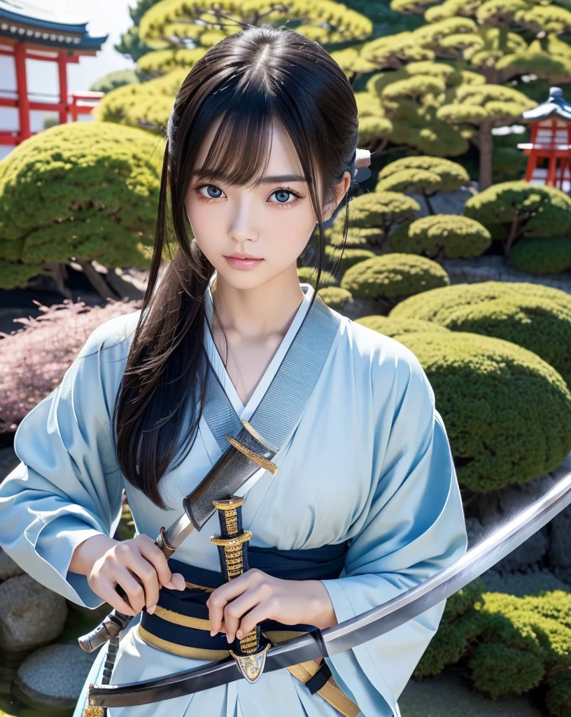 Highest quality, 32K, High resolution, masterpiece:1.5, One beautiful Japan girl,Illustration with anime touch, Rich emotional expression, An exceptionally beautiful face, Perfect Human Anatomy, Big light blue eyes, Motherhood and generosity, Deep Love, Wake up, Expressing emotions, Have a rich imagination, Cute Japan, Perfect Human Anatomy, Magical big eyes, decision, Powerful expression, Shiny black hair, Ponytail swaying in the wind, Asymmetrical bangs, Hair between the eyes, Transparent, soft white skin, Sharp eyebrows, Thin lashes, Detailed and cute lips, ((Detailed beautiful Japanese garden:1.2)), ((A swordsman wielding a Japanese sword:1.4)), ((Blue sky:1.1)), Slim figure, Beautifully detailed skies, mysterious