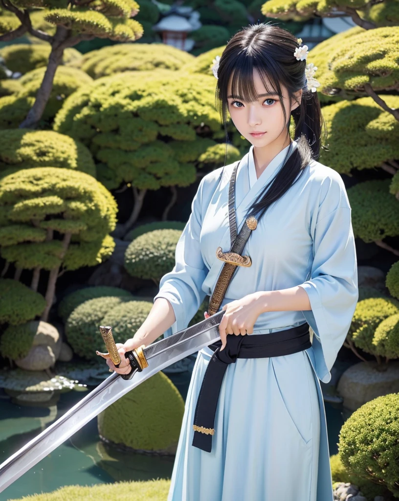 Highest quality, 32K, High resolution, masterpiece:1.5, One beautiful Japan girl,Illustration with anime touch, Rich emotional expression, An exceptionally beautiful face, Perfect Human Anatomy, Big light blue eyes, Motherhood and generosity, Deep Love, Wake up, Expressing emotions, Have a rich imagination, Cute Japan, Perfect Human Anatomy, Magical big eyes, decision, Powerful expression, Shiny black hair, Ponytail swaying in the wind, Asymmetrical bangs, Hair between the eyes, Transparent, soft white skin, Sharp eyebrows, Thin lashes, Detailed and cute lips, ((Detailed beautiful Japanese garden:1.2)), ((A swordsman wielding a Japanese sword:1.4)), ((Blue sky:1.1)), Slim figure, Beautifully detailed skies, mysterious