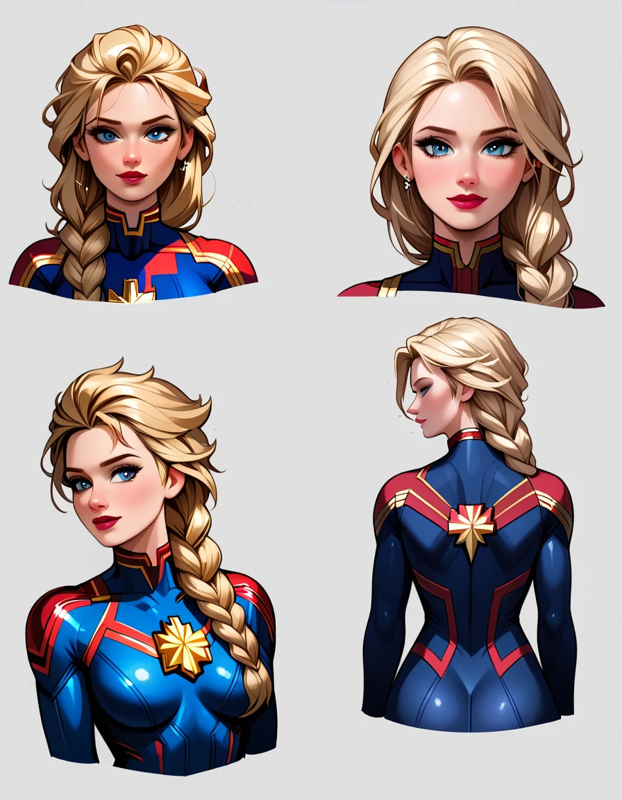 score_9, score_8_up, score_7_up, score_6_up, sketch_sheet, solo, BREAK 1girl, (Elsa, blonde, braid:1.3), dominant gorgeous girl, same character, BREAK perfect lips, tall, (Sexy woman), wearing (Captain Marvel suit:1.4), BREAK frontal body view, back body view, Depth, Many parts, Multiple poses and expressions, BREAK highly detailed, (ultra-detailed), (best illustration), (best shadow), (absurdres), BREAK (very aesthetic), (4k, intricate), (detailed face:1.2).