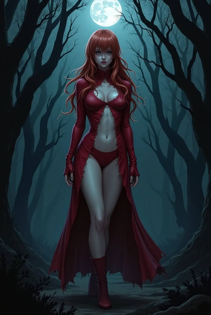 Midnight, Asuka Langley, red costume, pale skin, cleavage, curvy body, topless, defeated, in a creepy black woods, at night, scary mood, cinematic dark light, deep night, ripped clothing, full body, alert , beware of danger, hd, ultra realistic, hyper detailed, Todd McFarlane