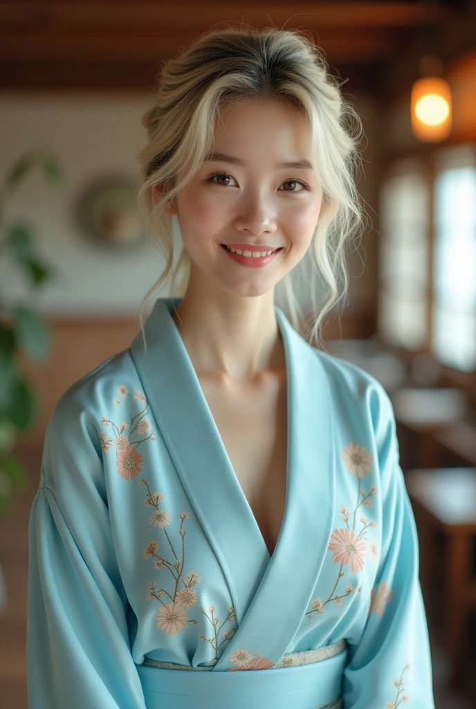 (masutepiece, Best Quality:1.4), Beautiful face, 8K, 85 mm, (light blue yukata:1.4), floral pattern pataThe upper part of the body, hカップ,Delicate girl, Solo, Night, Looking at Viewer, Upper body, Film grain, chromatic abberation, Sharp Focus, blondhair,Professional Lighting, Sophisticated, (Smile:0.4), cleavage, (Simple background, Bokeh background:1.2),wide shot,