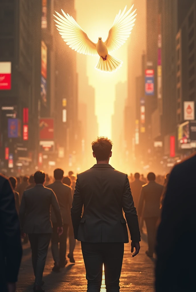 a man walking through the city, in the midst of a crowd and in the sky, and in front of him there are two paths a dove with a brightness and a shining light towards man, guiding him on the path in one of the paths, through a light