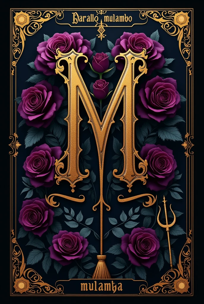 Create a logo that represents a tarot deck, incorporating the following elements:

1. **Colors and Style:** Use dark purple roses as a background, bringing a sense of mystery and sophistication. The image should evoke an ancient and almost macabre aesthetic..

2. **Core Text:** in the middle of the image, insert the initial two letters “M” in a fancy font, appearing to have been written with a pen, in golden color.

3. **Border Text:** On the edge of the image, write “baralho de mulambo” in gold, complementing the theme.

4. **Additional Elements:** Under the roses, include a golden broom, a black cigarette and a pombogira trident. These elements should be arranged harmoniously to create a cohesive look..

5. **Final details:** Add gold leaf accents and black accents all around, enriching the image and giving it depth.