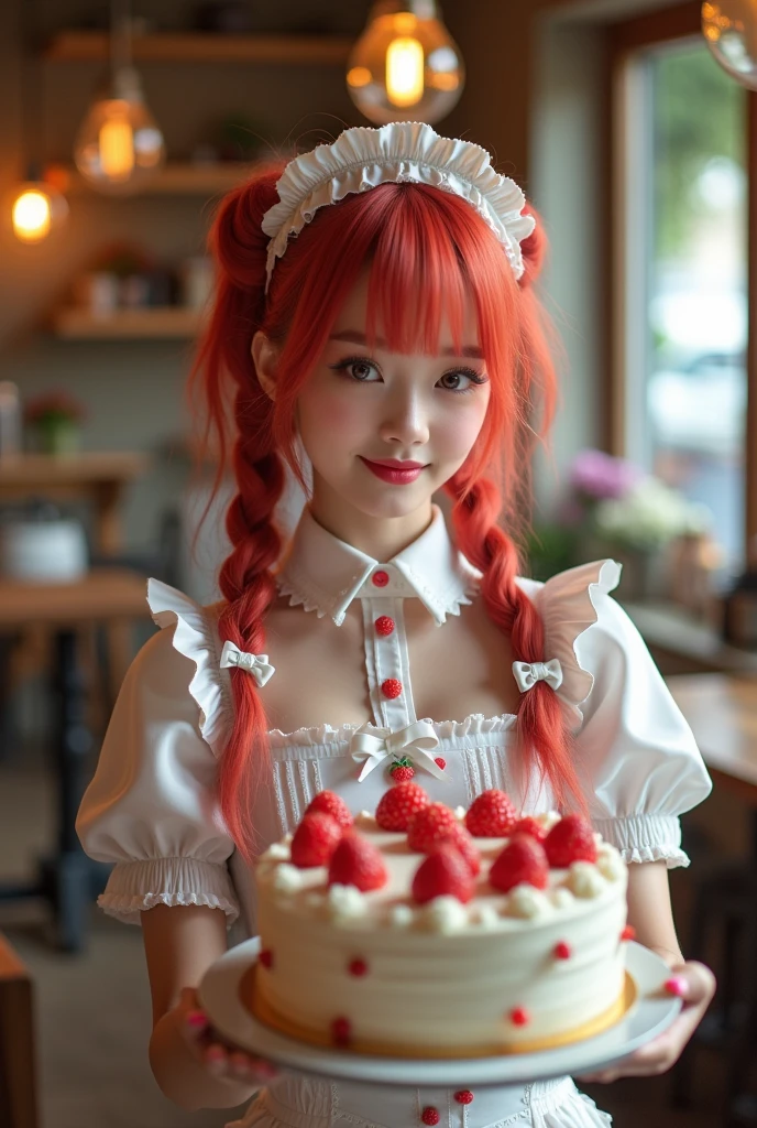 Promotional Photos, The location is a coffee shop, 1 person, Face, The waitress is bringing the cake to the table, Red hair twin tails, Kind Face, Gothic and maid half costume inspired by strawberries, White-based clothing,