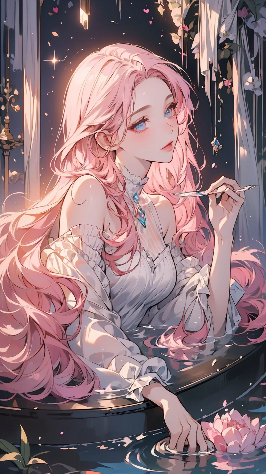 ((best quality)), ((masterpiece)), ((Romance Fantasy)), ((illustration)), (detailed), (clear), (Perfect), 1 woman, 1, mature, beautiful, pure, long pink hair with bangs, white skin, Blue diamond eyes, abundant eyelashes, pretty lips, big bust, tub, full of water, taking a bath, Immersing oneself in water