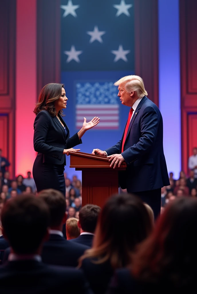 Crie uma imagem de kamala Harris e Donald Trump em um debate 