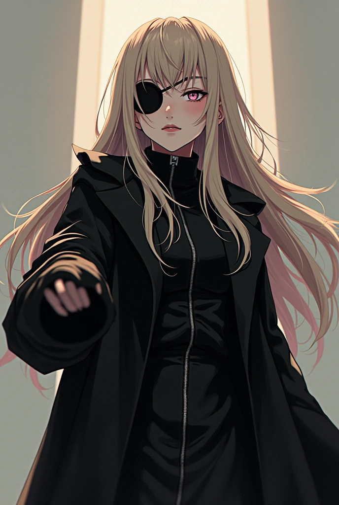 a cartoon image of a woman in boots, vector art by Ei-Q, pixiv, shin hanga, full_body!!, !!full body portrait!!, full body!!, anime moe artstyle, gapmoe yandere grimdark, full body!, anime vtuber full body model beige hair with an eyepatch black coat with front zipper closed, long hair Right hand out in front No background Game character art Collapse Star Rail