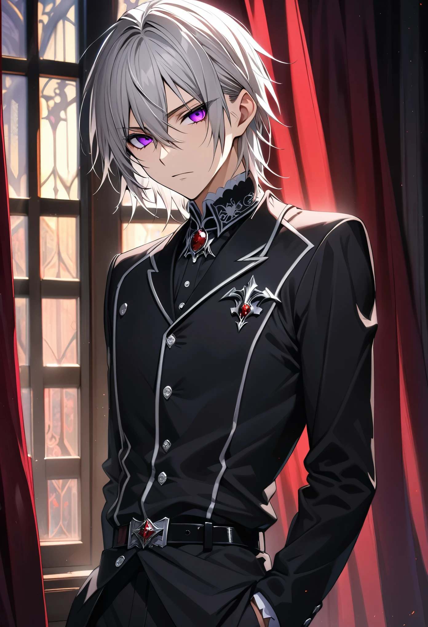 (absurdres, highres, ultra detailed, HDR), masterpiece, best quality, Zero Kiryuu, 1boy, solo, male focus, silver hair, purple eyes, finely eye and detailed face, window, purple curtains, black uniform, vampire knight, arms behind back, solid crimson background, (arms behind back), looking at viewer, straight on,