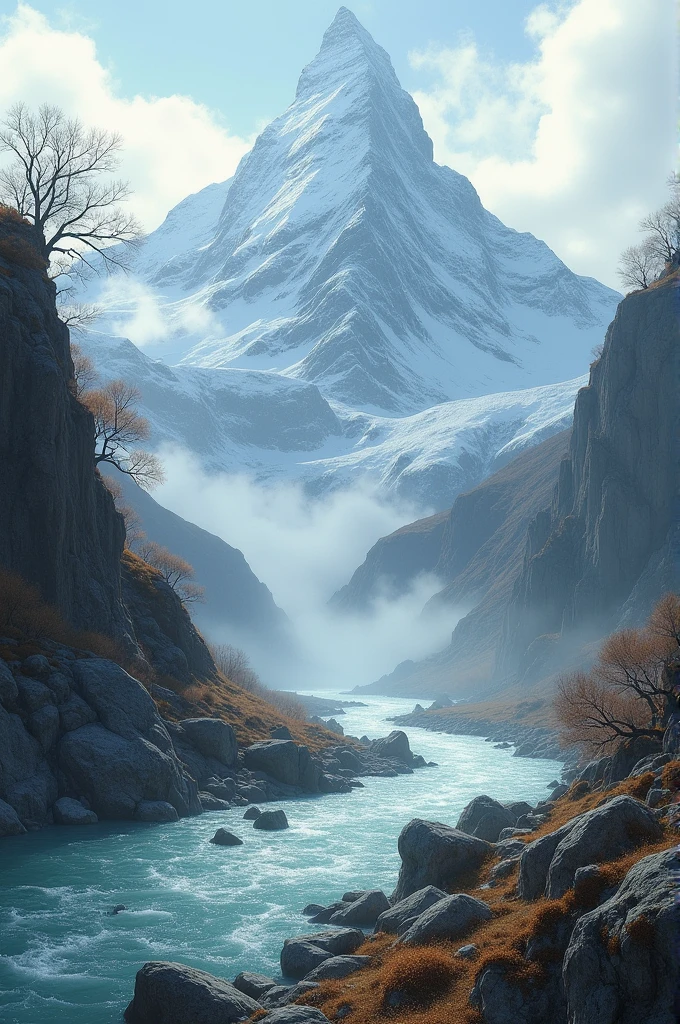 Mountain with large river flowing with windy and snowy fall with fogg and large rocks