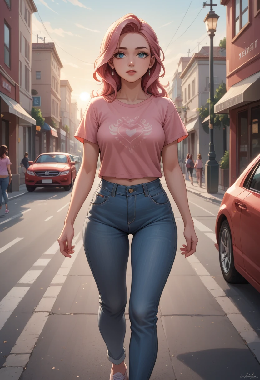 A vision flow of a beautiful woman walking down a street, her pink t-shirt and faded blue jeans illuminated by the sun, a red car passing in the background, and a world of shimmering light.  